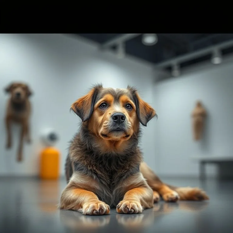 A creative collage of dog care scenes: a Poodle in a luxurious bath, happy dogs playing in a modern indoor park, and a Cavalier King Charles Spaniel sleeping peacefully on a bespoke bed, all with clean geometric lines.